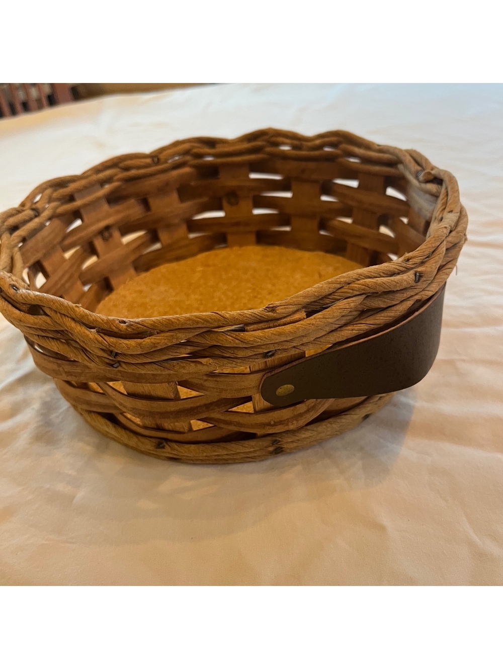 Vintage Pyrex Round Woven Casserole Basket Carrier Leather Handles & Cork Bottom